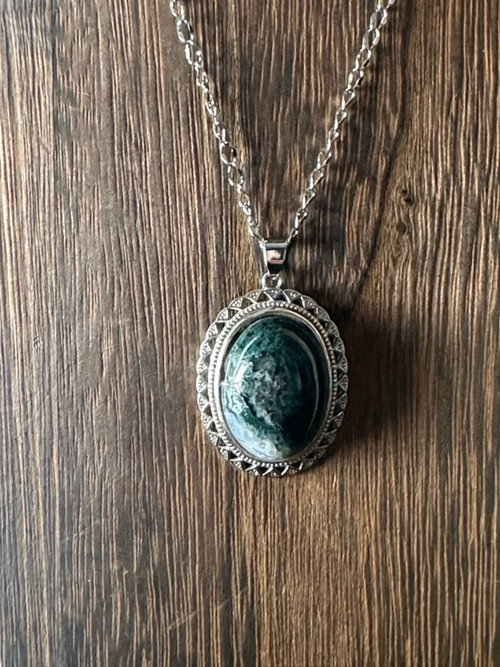 Silver-Tone Green Stone Oval Pendant Necklace - Women Jewelry - Picture 3 of 15